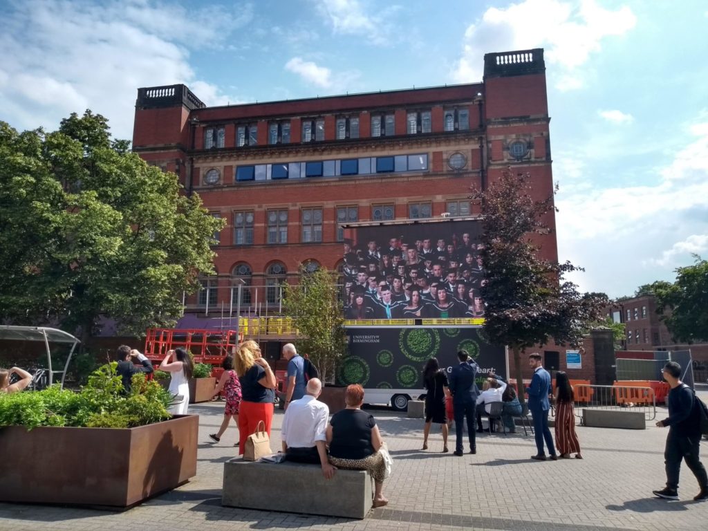 Big screen in Staff House PLaza University of Birmingham