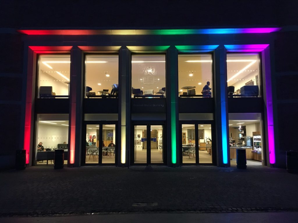 The Bramall lit up for LGBT History Month