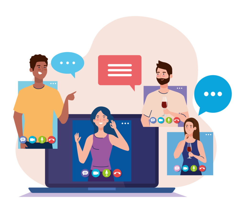Graphic of four people talking through their laptops.